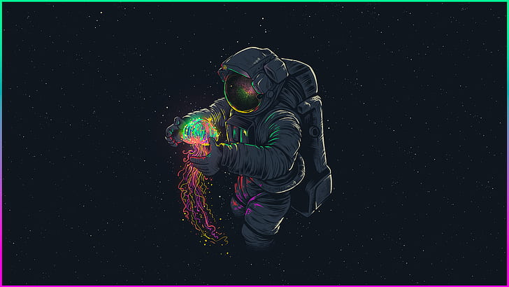 astronot, ubur-ubur, karya seni, seni digital, luar angkasa, bintang, Wallpaper HD