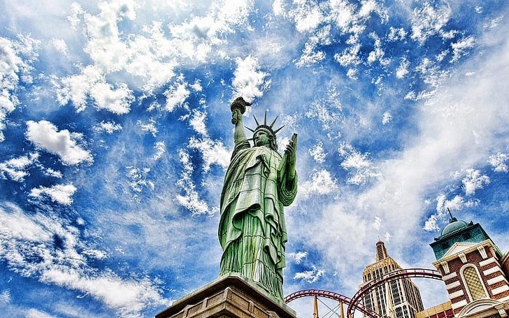 Estatua de la libertad, Nueva York, Estatua de la libertad, nubes, HDR, vista de gusano, Fondo de pantalla HD