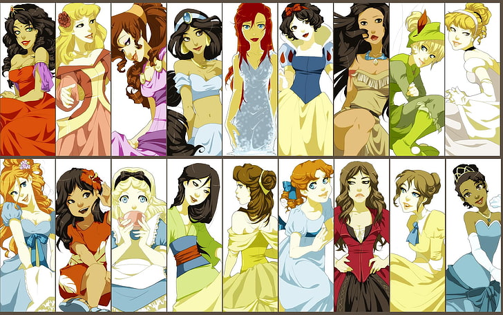 Disney Prenses ve karakterleri kolaj illüstrasyon, Disney, Pamuk Prenses, Alice Harikalar Diyarında, Tinkerbell, Uyuyan Güzel, Yasemin, Aladdin, Pocahontas, Külkedisi, Güzel ve Çirkin, Tarzan, Mulan, Lilo ve Stitch, Hercules, Küçük Denizkızı, kolaj,fantezi sanatı, HD masaüstü duvar kağıdı