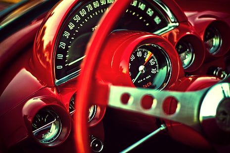 rött fordon ratt, bil, muskelbilar, interiör, HD tapet HD wallpaper