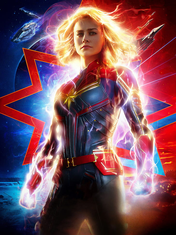 Captain Marvel, Marvel Cinematic Universe, Brie Larson, wyświetlanie portretów, superbohaterki, filmy, blondynka, Tapety HD, tapety na telefon