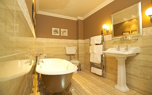 white ceramic bathtub, bathroom, sinks, furniture, HD wallpaper HD wallpaper