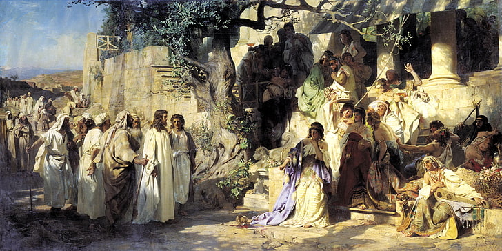 Christ and Sinner illustration, music, people, girls, tree, wine, the crowd, oil, picture, shadows, sin, white light, HD wallpaper