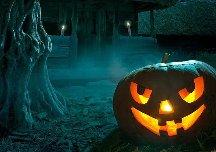 A large Halloween pumpkin, gray and orange halloween pumpkin decor, pumpkin, halloween, horror, cartoon, HD wallpaper