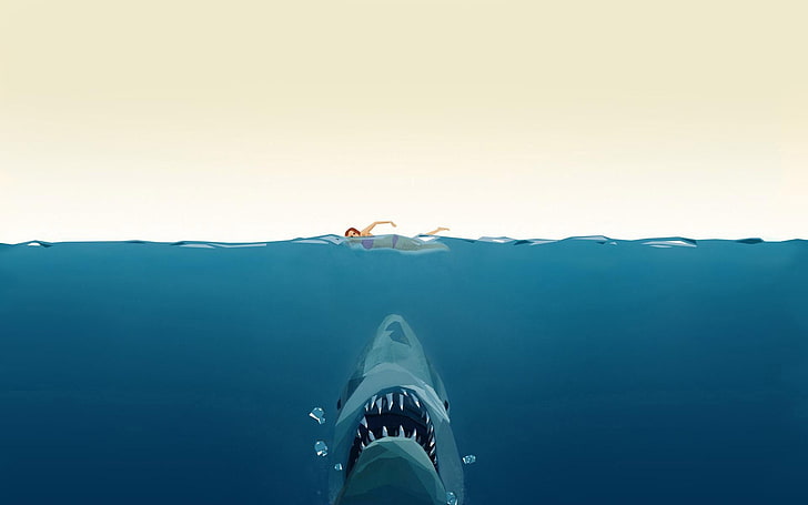 жена, плуваща на морска повърхност с илюстрация на акула, цифрово изкуство, вода, акула, векторна графика, HD тапет
