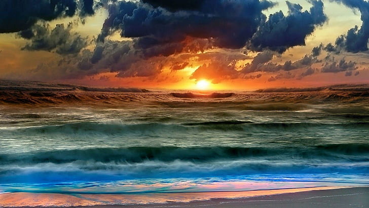 Moc Boga, widok, natura, piękny, zachód słońca, fala, plaża, chmury, 3d i abstrakcja, Tapety HD
