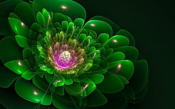 Фрактал HD, зеленый и фиолетовый цветок с лепестками иллюстрации, аннотация, фрактал, HD обои