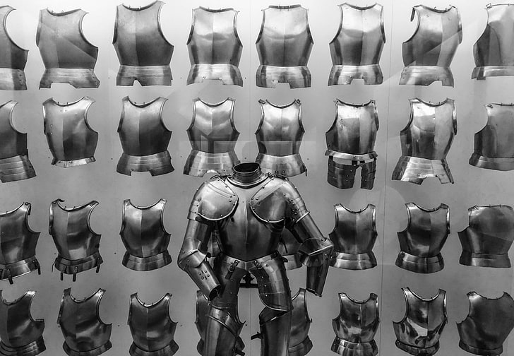 armor, armory, armour, armoury, army, black and white, breastplates, display, exhibit, knight, knights, medieval times, metal, middle ages, museum, order, steel armor, steel armour, HD wallpaper