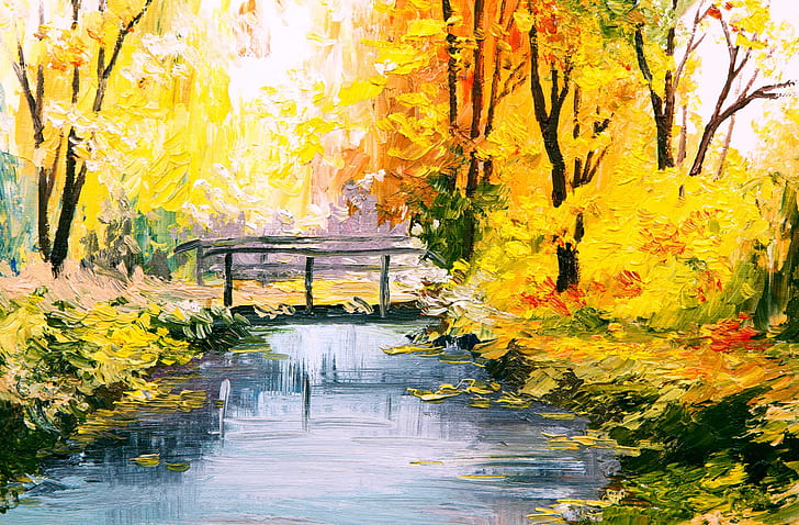 forest, bridge, Park, river, seasons, paint, picture, art, painting, canvas, colorful, nature, charm, autumn, strokes, oil., HD wallpaper