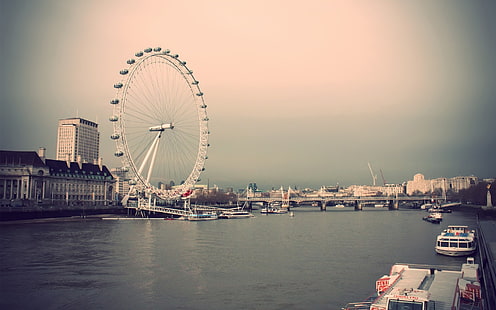 London Eye, cityscape, London Eye, ferris wheel, river, boat, London, bridge, River Thames, England, HD wallpaper HD wallpaper