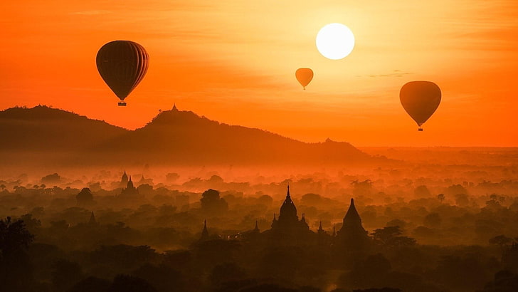pagoda, Azja, pomarańczowe niebo, atmosfera, oszałamiający, latanie balonem, balon, krajobraz, pagoda shwedagon, słońce, światło słoneczne, horyzont, myanmar, birma, zachód słońca, Yangon, niesamowity, balon na gorące powietrze, Tapety HD