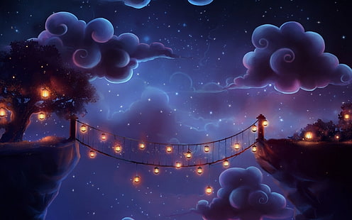 abstract clouds night bridges animated cartoonish 1680x1050  Architecture Bridges HD Art , Abstract, Clouds, HD wallpaper HD wallpaper