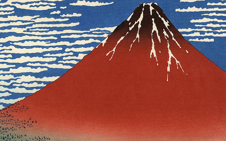 merah, fuji, gunung, hokusai, ilustrasi, seni, Wallpaper HD