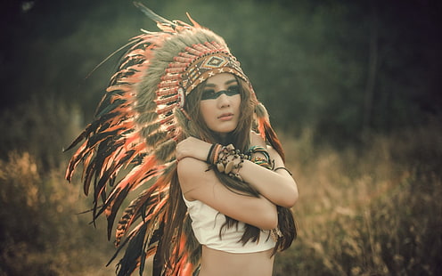 красно-серая шляпа костюм коренных американцев, русские женщины, брюнетка, головной убор, краска для лица, HD обои HD wallpaper