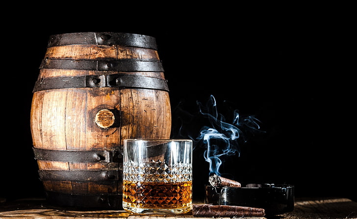 alcohol, barrels, Cigars, Drinking Glass, smoke, HD wallpaper