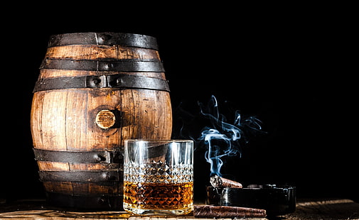 alcool, barili, sigari, bicchiere, fumo, Sfondo HD HD wallpaper