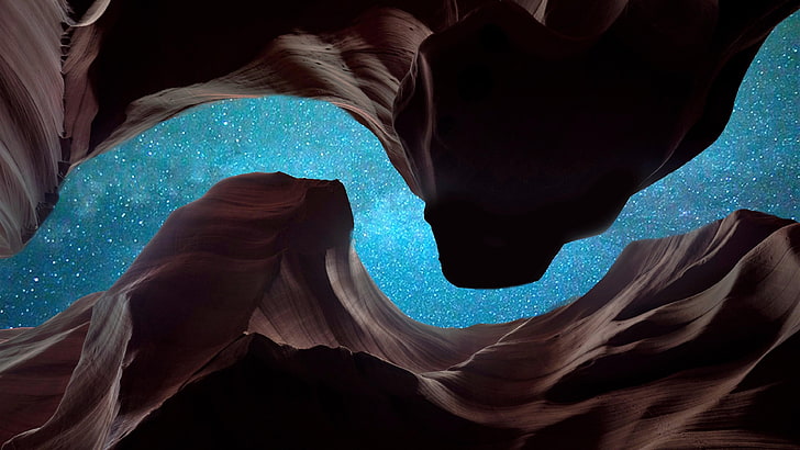 アリゾナ、インスピレーション、写真、天文学、美しい、洞窟、岩、岩の形成、アメリカ合衆国、峡谷、暗闇、アンテロープキャニオン、青、星、夜空、星空、星空、 HDデスクトップの壁紙