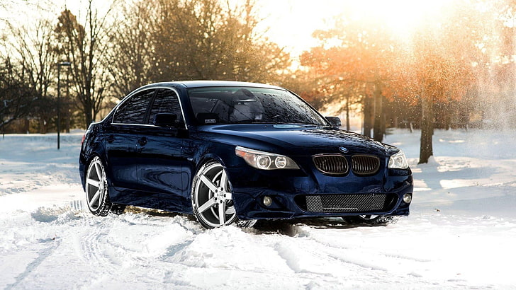 sedan BMW preto, carro, BMW, neve, inverno, árvores, pôr do sol, BMW E60, BMW 5 Series, HD papel de parede