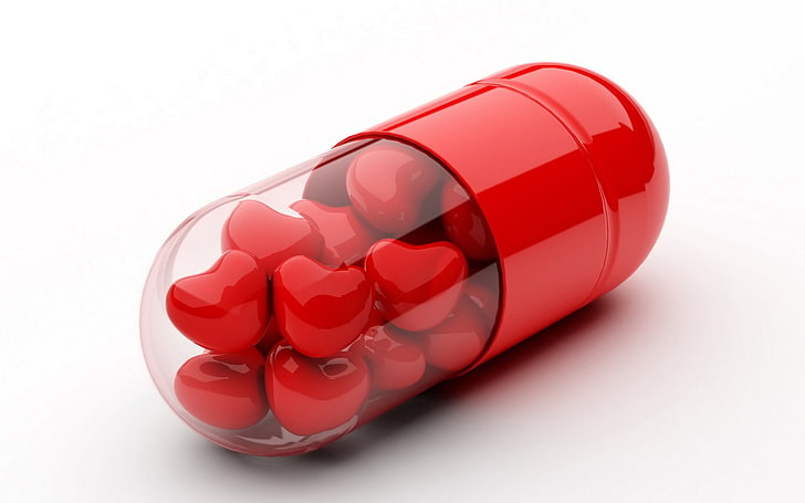 red and clear medical pill, heart, capsule, white background, HD wallpaper
