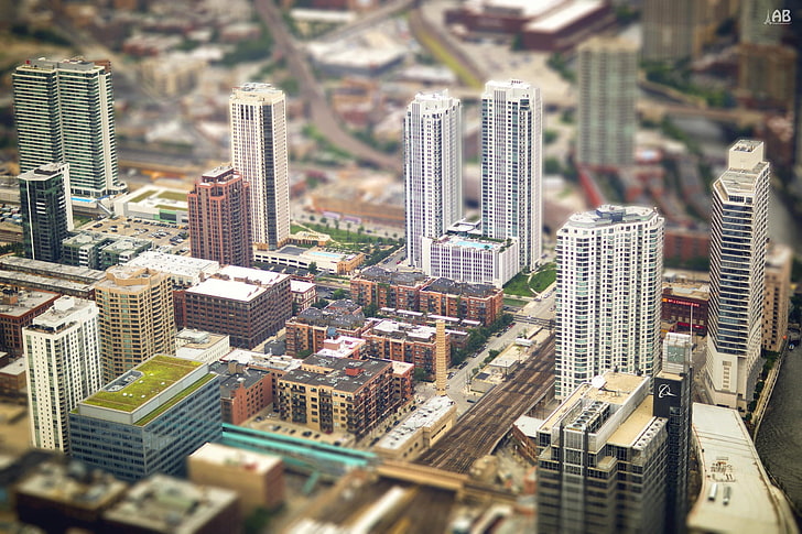 อาคารสูงขนาดเล็ก, การถ่ายภาพเอียงและกะของอาคารสูง, สถาปัตยกรรม, อาคาร, บ้าน, การเลื่อนเอียง, เมือง, ชิคาโก, สหรัฐอเมริกา, ถนน, หลังคา, เบลอ, cityscape, ถนน, วอลล์เปเปอร์ HD
