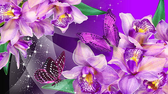 Orchid Butterfly Dance, delicate, glitter, papillon, extotic, bright, butterfly, flowers, butterflies, stars, fleurs, pink, HD wallpaper HD wallpaper