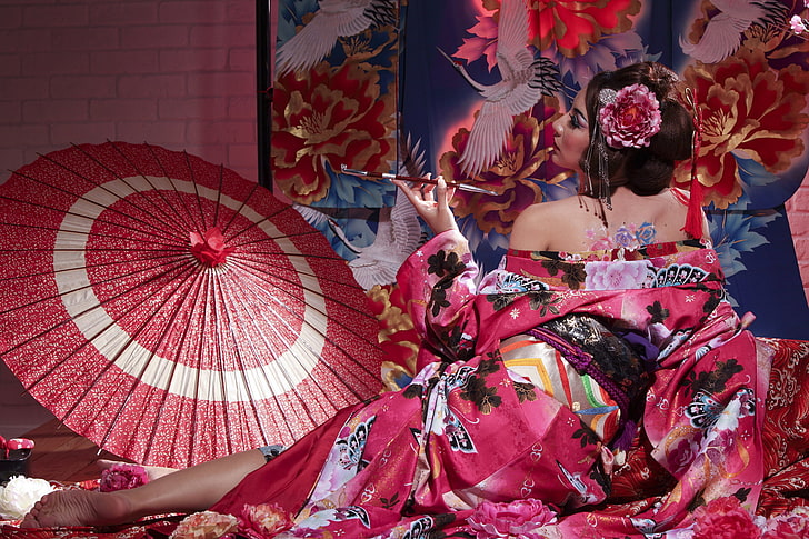 pose, stil, paraply, japanska, rör, geisha, kimono, asiat, HD tapet
