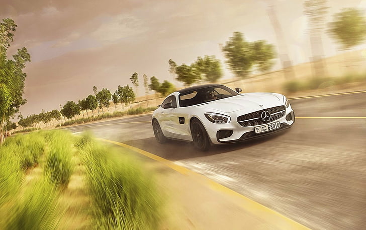 Mercedes-Benz, Mercedes-AMG GT, Carro, Desfoque de movimento, Carro esporte, Veículo, Carro branco, HD papel de parede