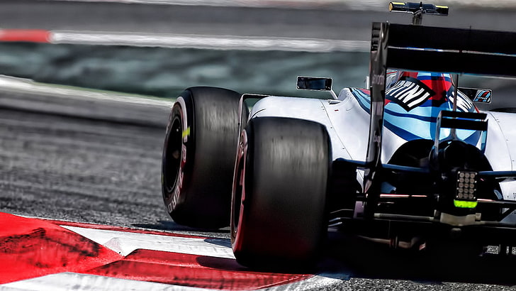 formula 1 bianca e blu su percorso grigio, Formula 1, da corsa, Williams F1, Sfondo HD