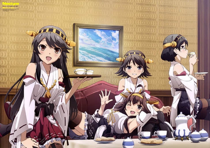 أنيمي ، مجموعة Kantai ، Haruna (Kancolle) ، Hiei (Kancolle) ، Kirishima (Kancolle) ، Kongou (Kancolle) ، الشاي ، فنجان الشاي، خلفية HD