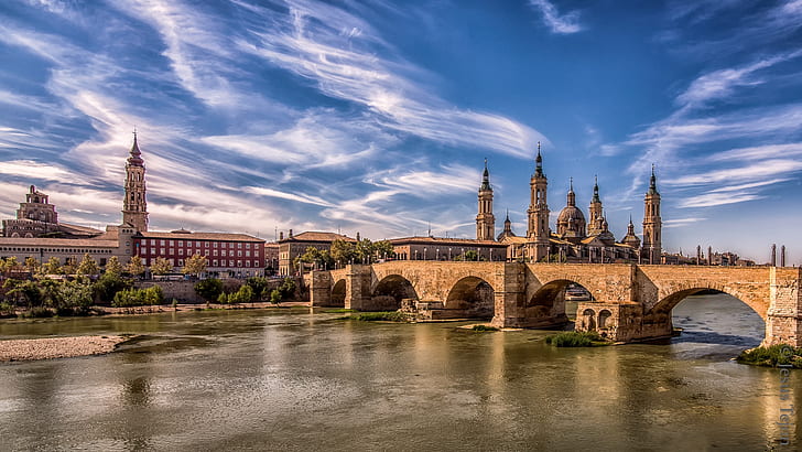 bridge, the city, tower, Spain, Zaragoza, HD wallpaper