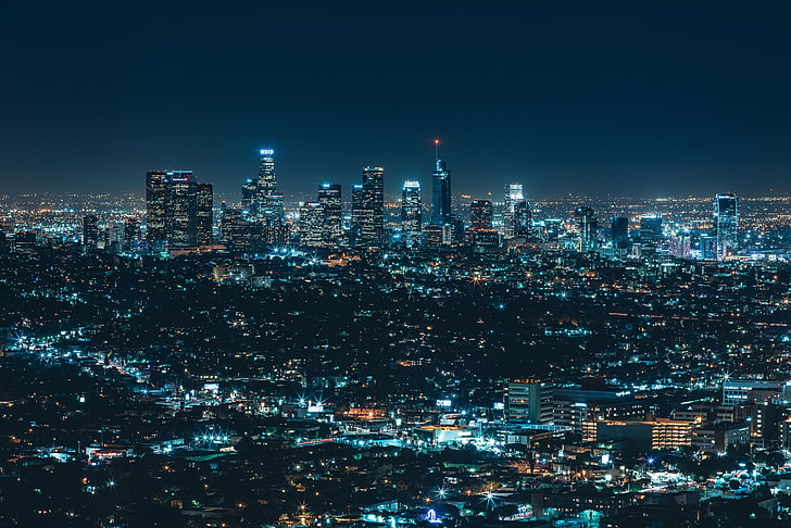 освещенные высотные здания, фотография городского пейзажа, город, огни, городской пейзаж, ночь, Лос-Анджелес, HD обои