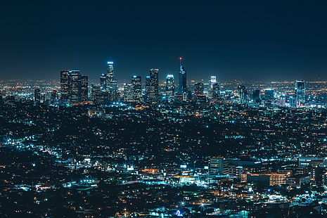освещенные высотные здания, фотография городского пейзажа, город, огни, городской пейзаж, ночь, Лос-Анджелес, HD обои HD wallpaper
