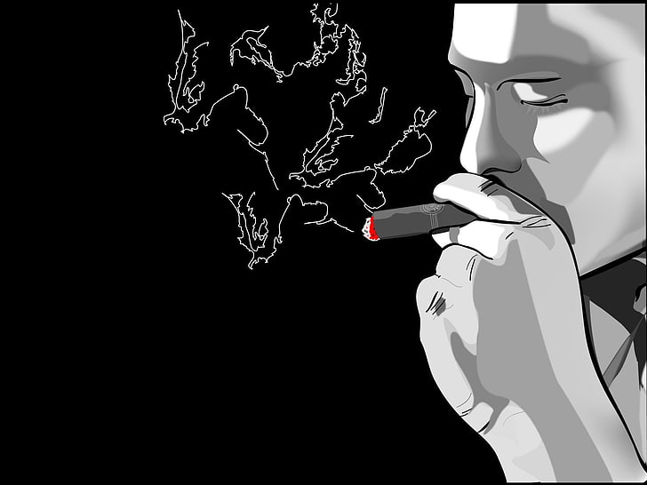 Hombre fumando ilustración, humo, blanco y negro, Vector, cigarro, Fondo de pantalla HD