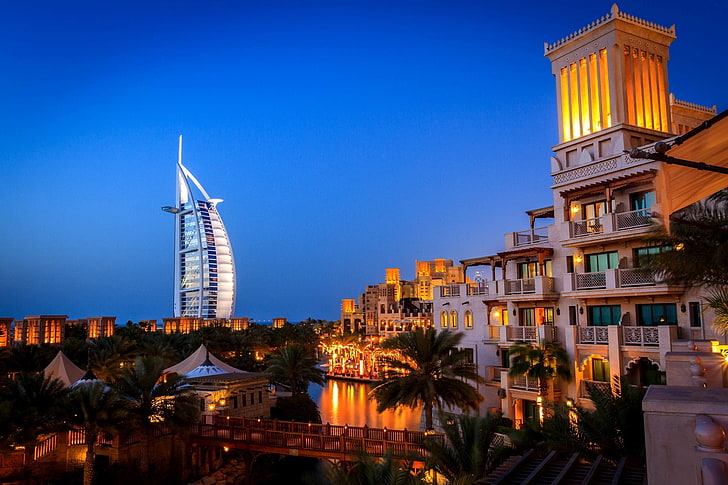Burj Khalifa, bridge, the city, palm trees, building, the evening, Dubai, the hotel, UAE, Mina A' Salam, HD wallpaper