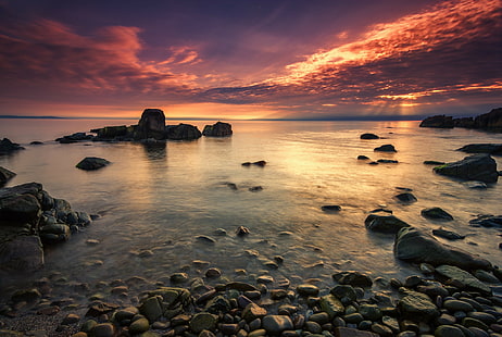 Coast sea stones, rocks, coast, stones, dawn, sea, HD wallpaper HD wallpaper