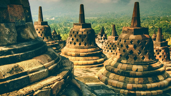 Indonesia, temple, building, ancient, Borobudur, Buddhism, HD wallpaper