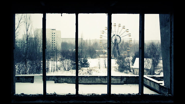 Noria negra y gris, viejo, negro, Pripyat, abandonado, ruina, Chernobyl, Ucrania, Fondo de pantalla HD
