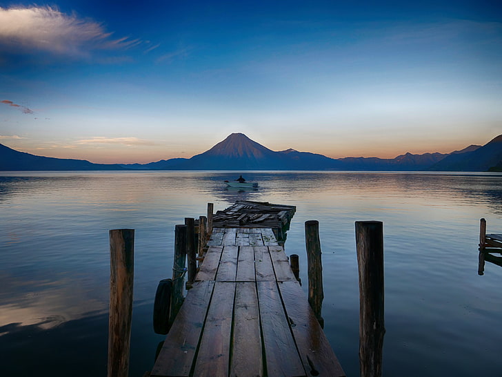 molo, góry, krajobraz, czyste niebo, łódka, Gwatemala, Tapety HD