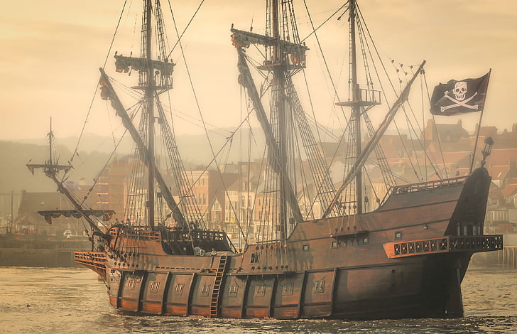 brown and black pirate ship, ship, skull, flag, sails, HD wallpaper