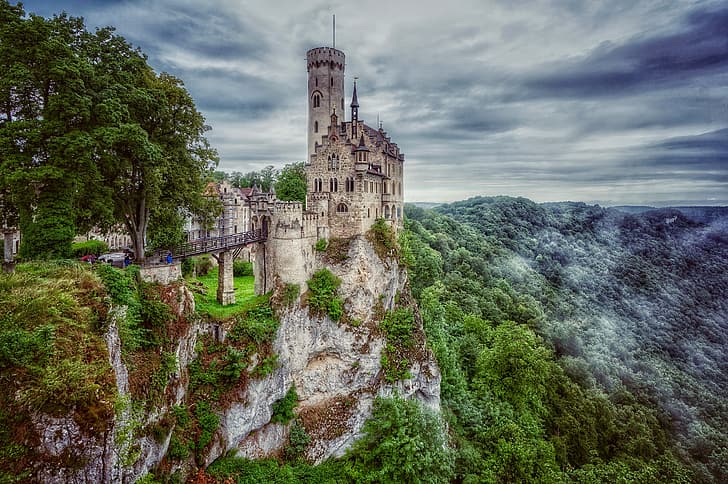 foresta, alberi, ponte, roccia, castello, Germania, Lichtenstein, Baden-Württemberg, Lichtenstein Castle, Sfondo HD
