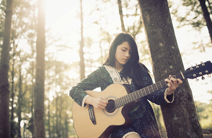 wanita, gitar, pohon, Wallpaper HD