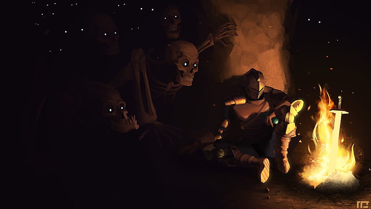 squelettes à côté du papier peint numérique chevalier et feu de joie, Dark Souls, Fond d'écran HD