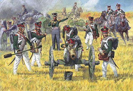 grupa armii z malowaniem armat, sztuka, rosyjska, uzbrojona w armatę 6-funtową, zespół artyleryjski, działał w wojnie na minimalnych dystansach., artyleria piesza 1812 - 1814гг., Tapety HD HD wallpaper