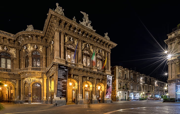malam, lampu, rumah, Italia, Opera, Sisilia, Catania, The Teatro Massimo Bellini, Wallpaper HD
