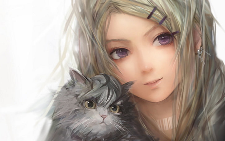 Anime Mädchen, weißer Hintergrund, Katze, Tiere, Kätzchen, HD-Hintergrundbild