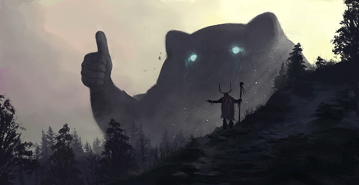 fantasy art, druids, spirits, forest, mountains, thumbs up, mist, giant, beige, blue eyes, humor, drawing, HD wallpaper