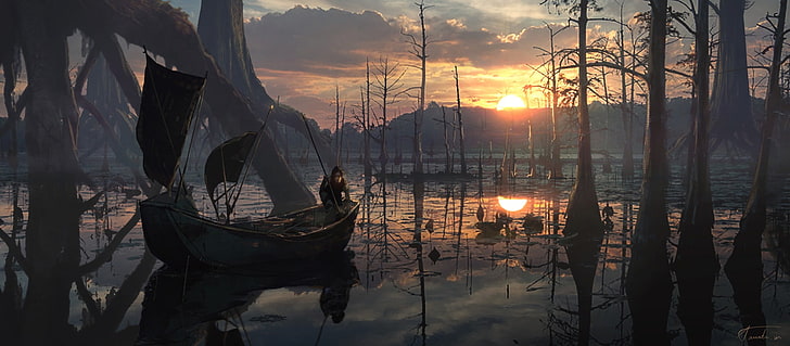 Fantazja, zachód słońca, łódź, człowiek, odbicie, rzeka, słońce, bagno, drzewo, Tapety HD