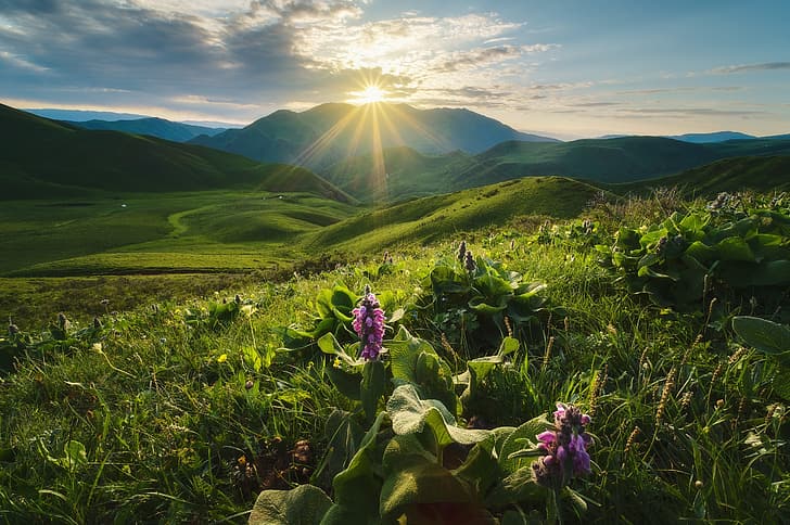 słońce, promienie, krajobraz, góry, przyroda, świt, wzgórza, poranek, kanion, wąwóz, łąki, Kirgistan, Rev Alex, Azja Środkowa, Shamsi, Tapety HD