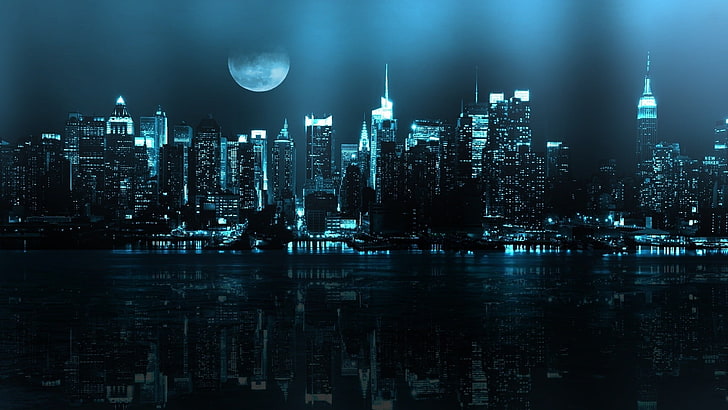 illustration d'immeuble, bâtiments près de l'étendue d'eau pendant la nuit, ville, paysage urbain, sombre, lune, art numérique, réflexion, New York City, Fond d'écran HD