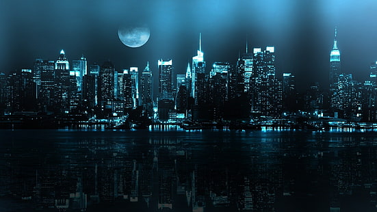 التوضيح مبنى شاهق ، المباني بالقرب من جسم مائي أثناء الليل ، المدينة ، مناظر المدينة ، الظلام ، القمر ، الفن الرقمي ، الانعكاس ، مدينة نيويورك، خلفية HD HD wallpaper